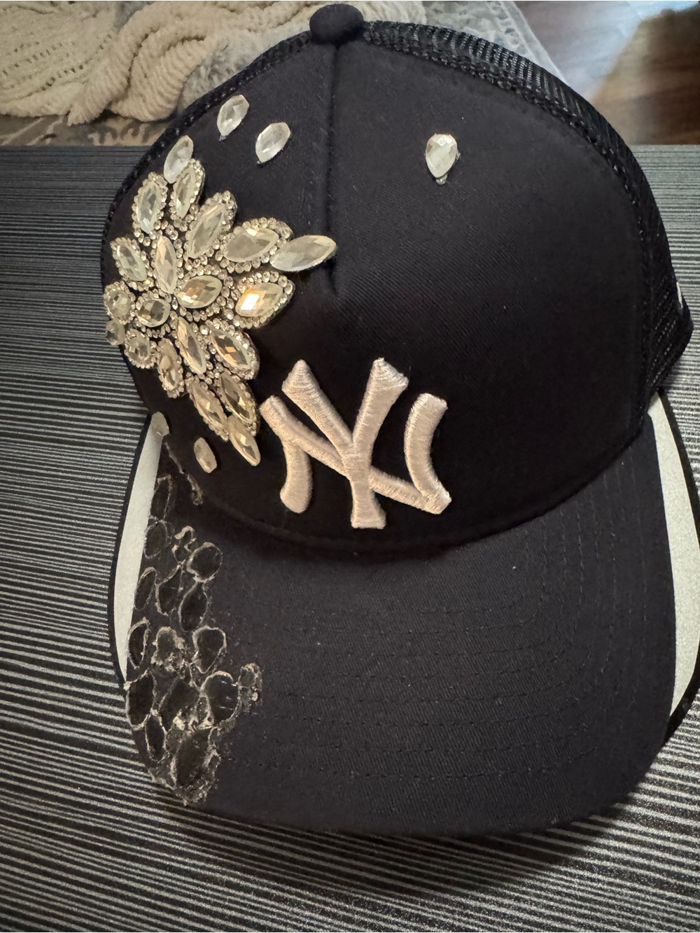 New Era Blue Trucker Hat with White NY Logo and Crystal Embellishments